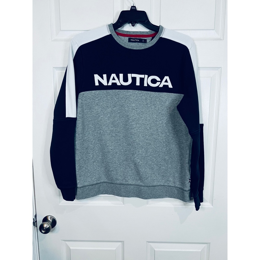 Nautica Sweatshirt Mens Navy Grey White Colorblock Logo - Large
